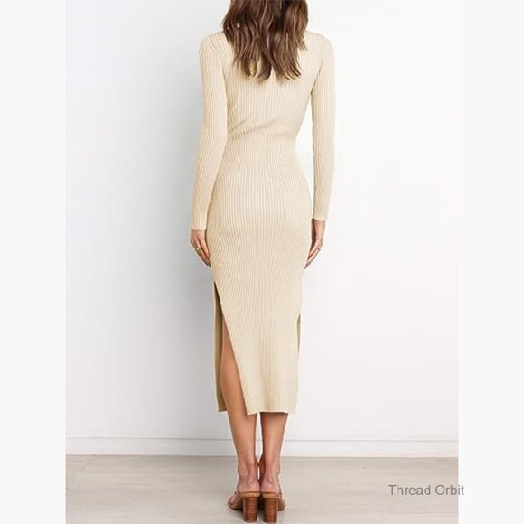 Long Sleeve Ribbed Knit Midi Dress Tie Waist Bodycon Fall Outfit - Picture 5 of 7